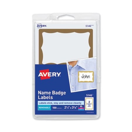 Avery Dennison Avery, PRINTABLE ADHESIVE NAME BADGES, 3.38 X 2.33, GOLD BORDER, 100PK 5146